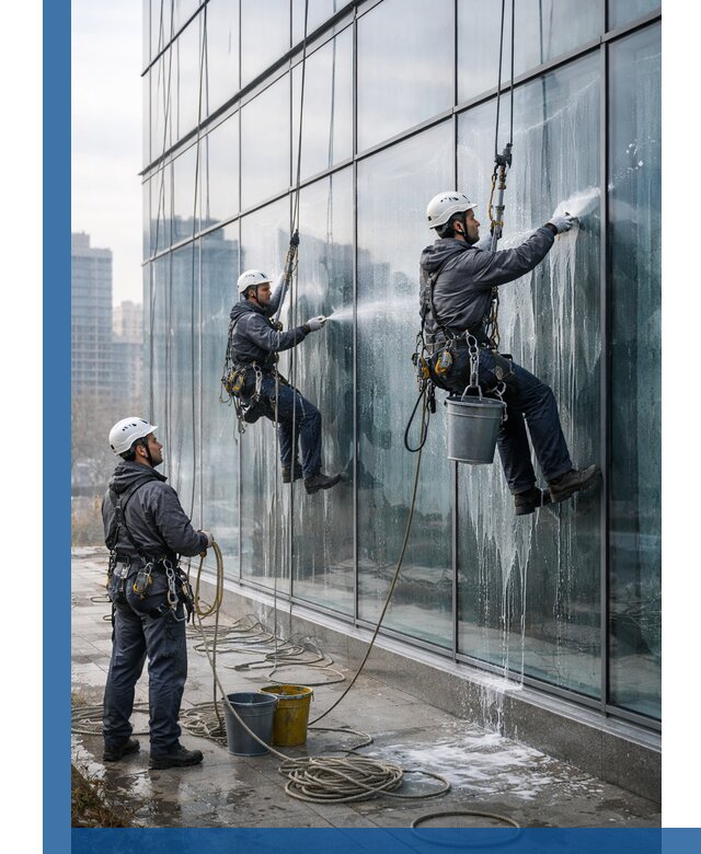 Промышленная мойка панорамных окон на высоте в Вязниках