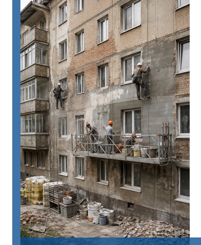 Капитальный ремонт фасада в Вязниках с восстановлением и гидроизоляцией