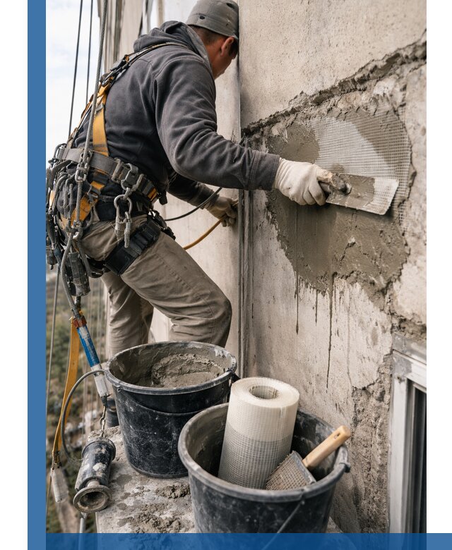 Ремонт бетонных элементов фасада промышленными альпинистами в Вязниках