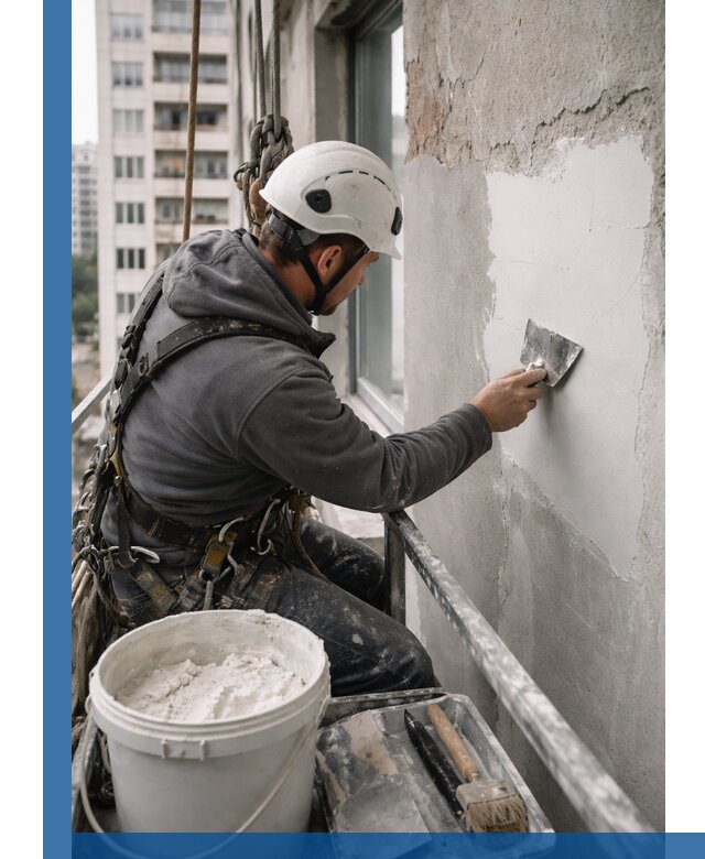 Шпаклевка фасадов на высоте с промальпинистами в Вязниках