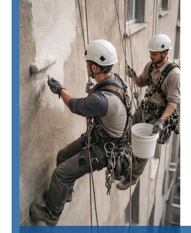 Грунтовка фасада на высоте в Вязниках промышленными альпинистами