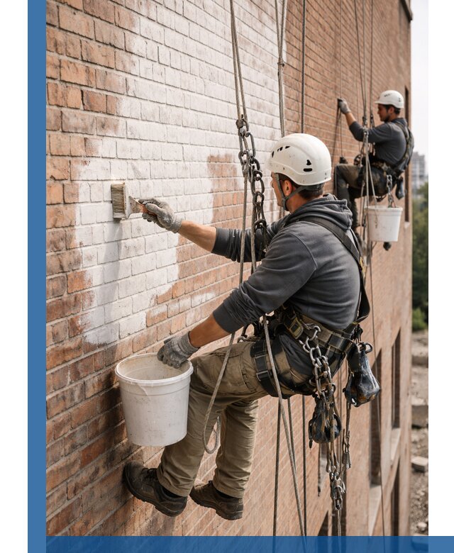 Покраска кирпичного фасада с доступным альпинистским сервисом в Вязниках