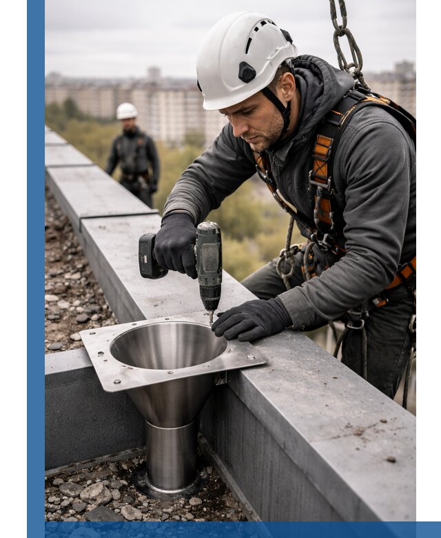 Монтаж водосточных воронок в Вязниках для промышленных зданий