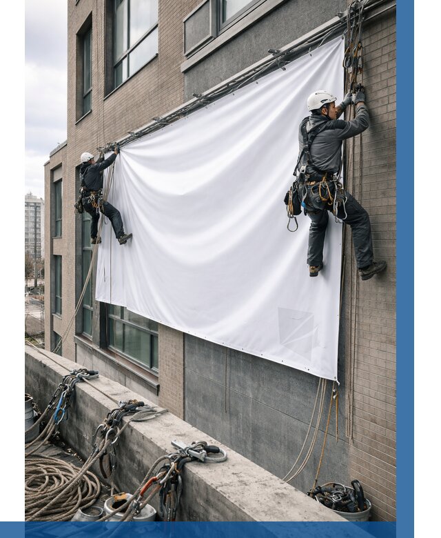 Монтаж баннеров на фасаде в Вязниках от 694 р. заказать ВЫСОТНИК-Взн