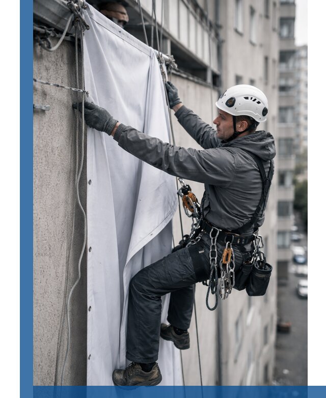 Замена баннерного полотна промышленными альпинистами в Вязниках