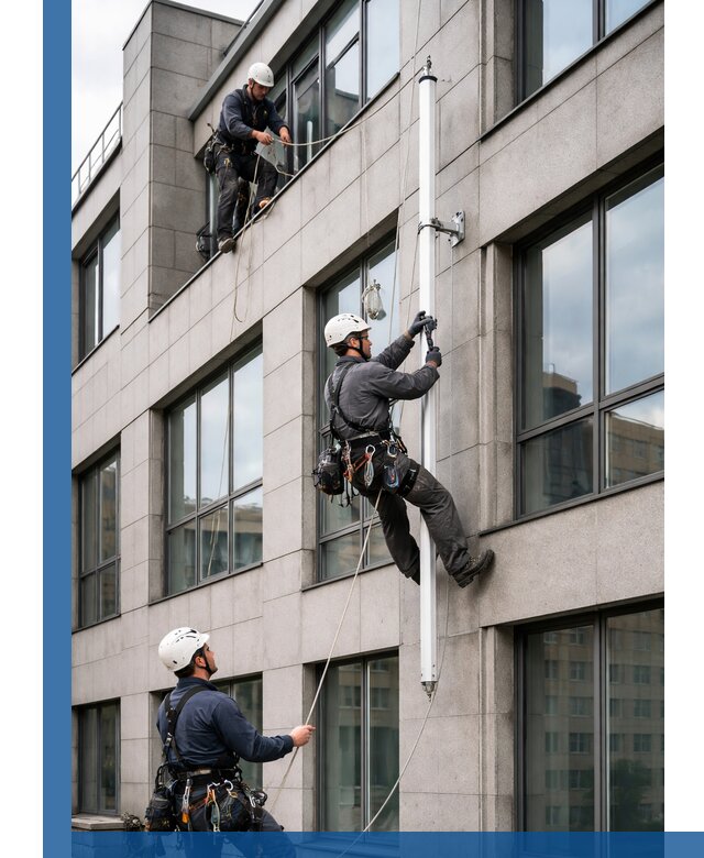 Монтаж флагштока на фасаде здания с креплением и герметикой в Вязниках