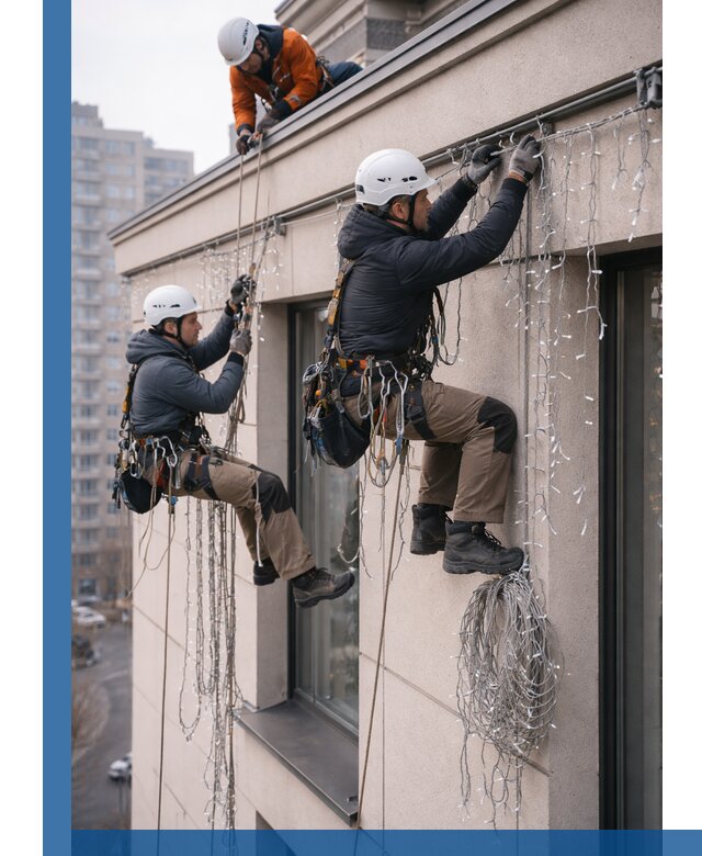 Монтаж праздничных гирлянд на фасаде в Вязниках для зданий