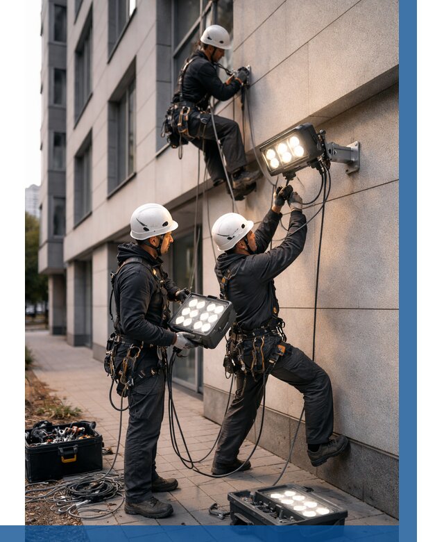 Монтаж прожекторов на фасаде в Вязниках от 8012 р. | ВЫСОТНИК-Взн