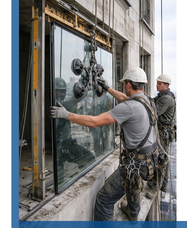 Монтаж стеклопакетов на высоте в Вязниках с промышленным альпинизмом