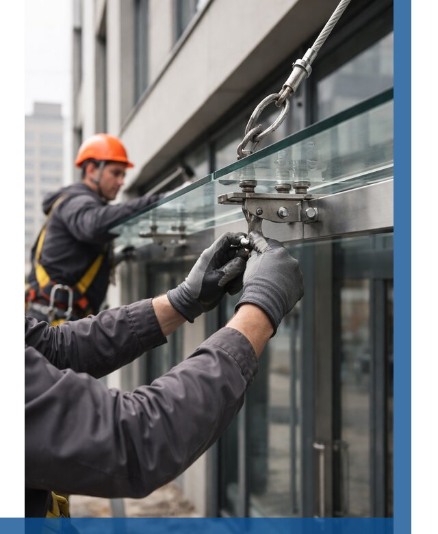 Монтаж стеклянных козырьков в Вязниках от 9081 р. | ВЫСОТНИК-Взн