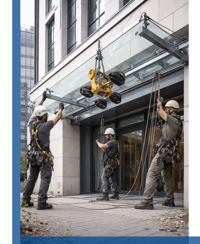 Монтаж стеклянных козырьков под ключ в Вязниках для зданий