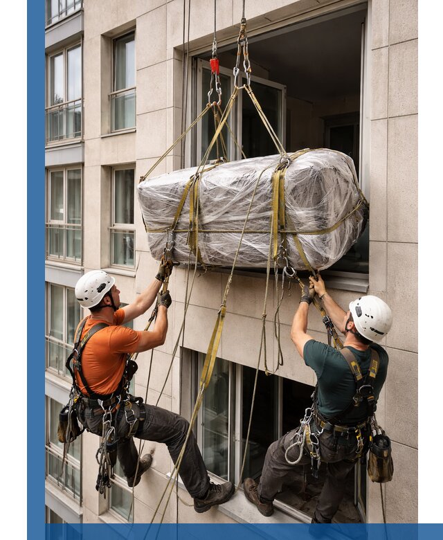 Подъем грузов через окно в Вязниках промышленными альпинистами